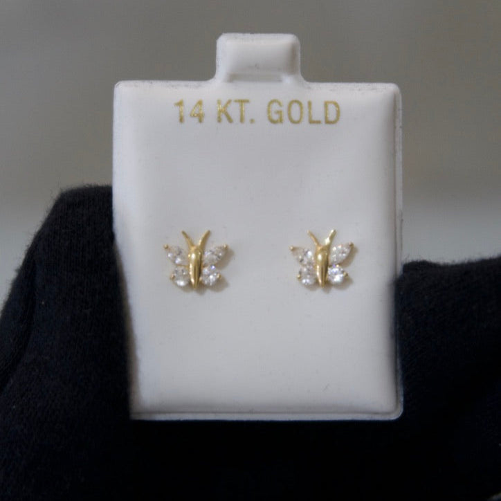 14k Gold Butterfly Stud Earrings with Cubic Zirconia