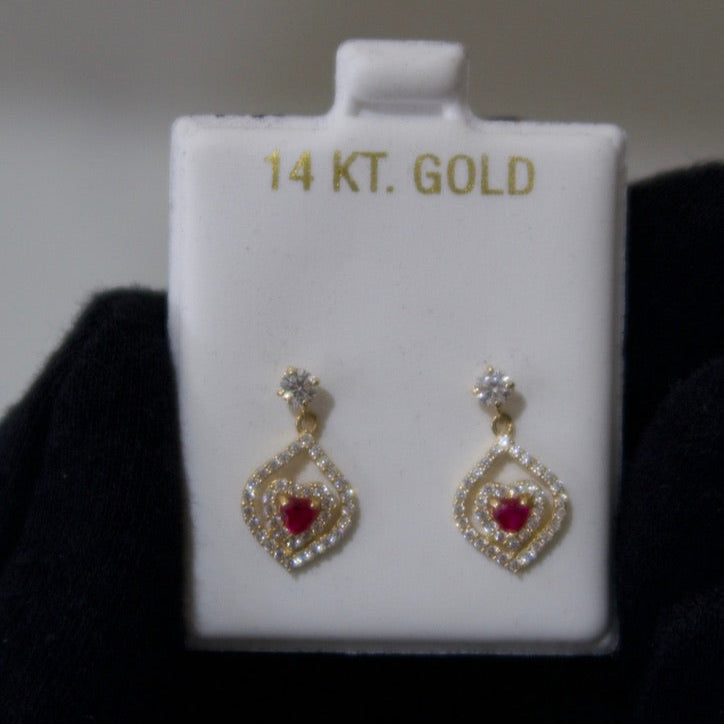 14k Gold Ruby Heart-Pasión Roja Drop Earrings
