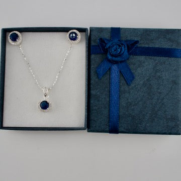 Sterling Silver Round Stone Necklace & Earrings Gift Set