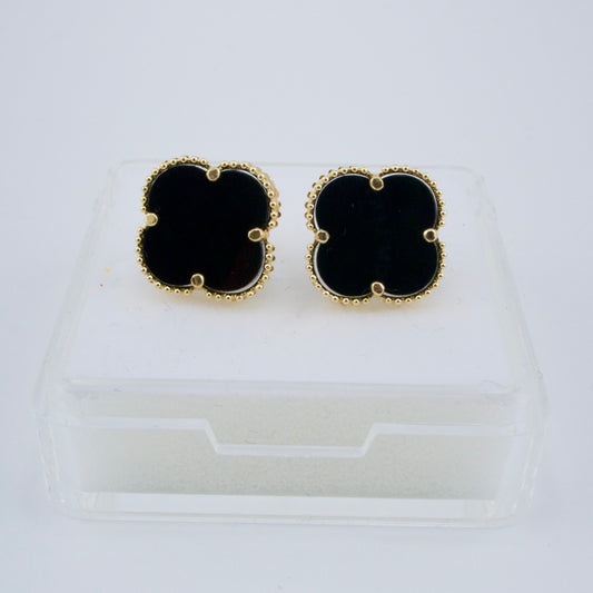 14k Gold Clover onyx stone earrings