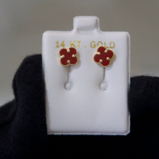 14k Gold Red Clover Stud Earrings