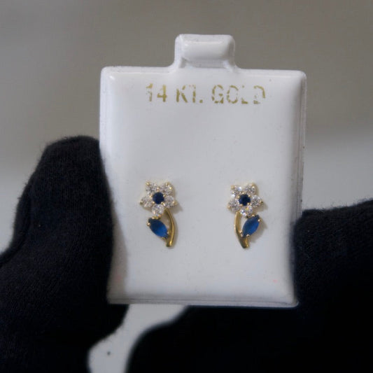 14k Gold Floral Stud Earrings with Sapphire Blue Accents Earrings