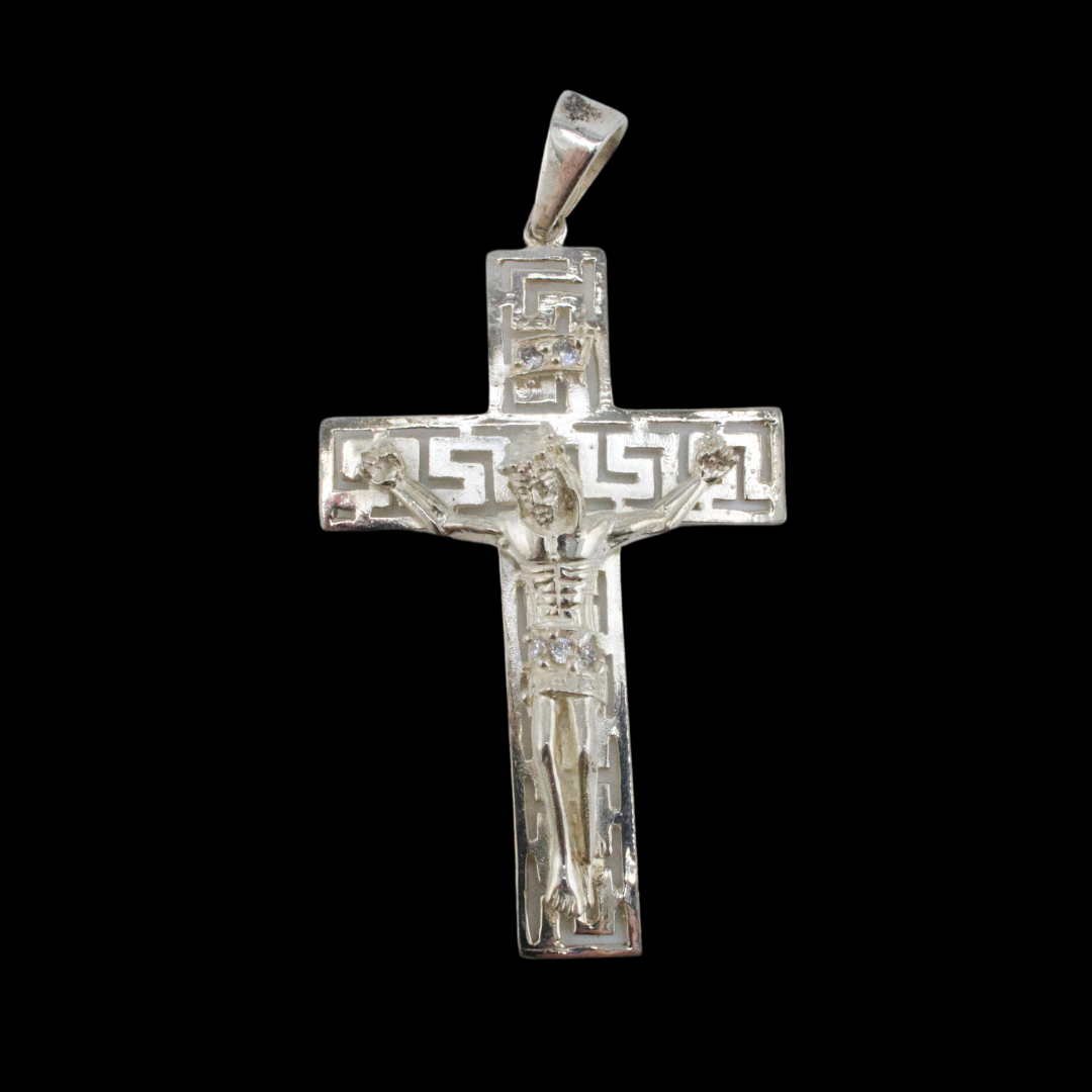 Sterling Silver Cross With Versace Pattern Pendant